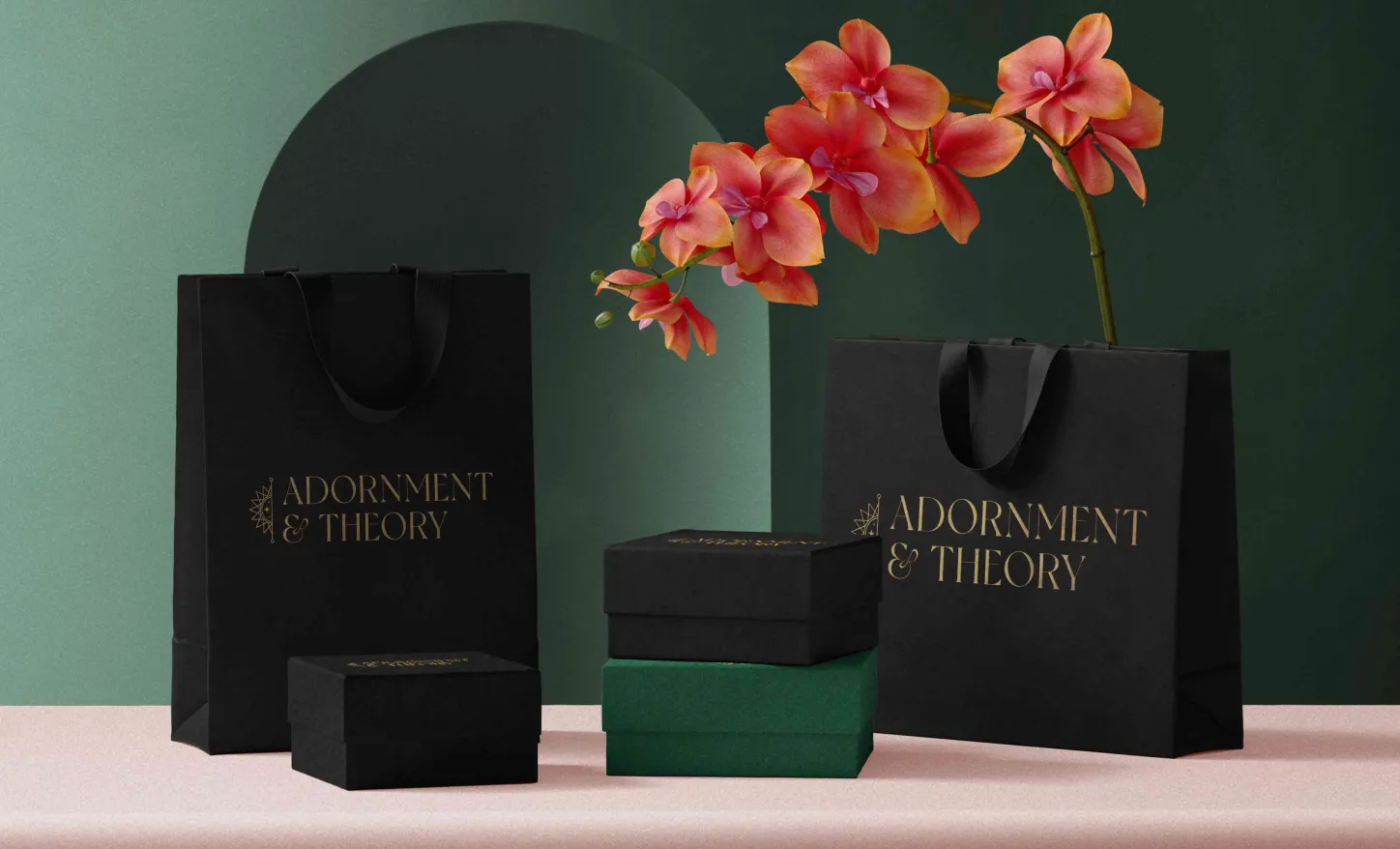 Mockup of Adornment + Theory logo on packaging